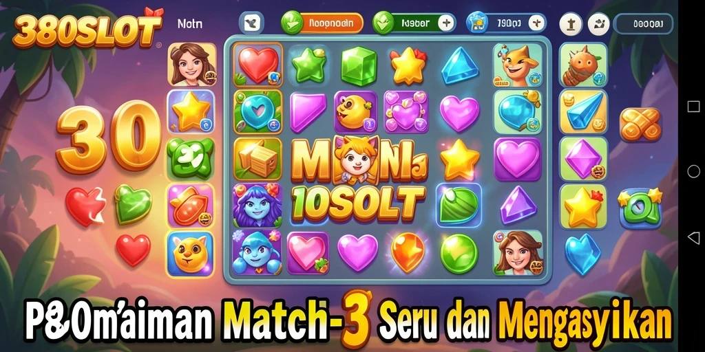 Gameplay seru 380SLOT menampilkan simbol berwarna-warni dan tantangan match-3.