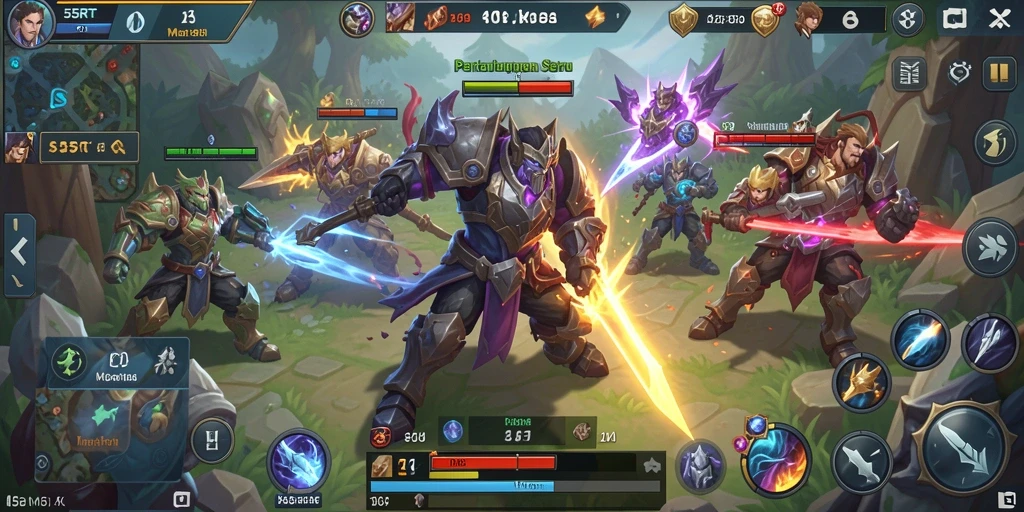 Screenshot gameplay intens dari 55RT di arena MOBA.