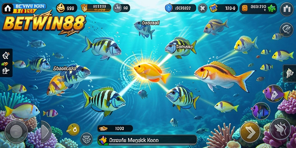 Screenshot gameplay BETWIN88 menunjukkan aksi seru dalam menembak ikan.