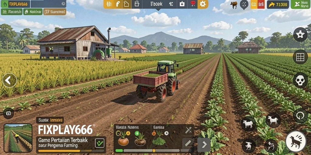 Screenshot gameplay FIXPLAY666 yang menunjukkan aktivitas bertani.