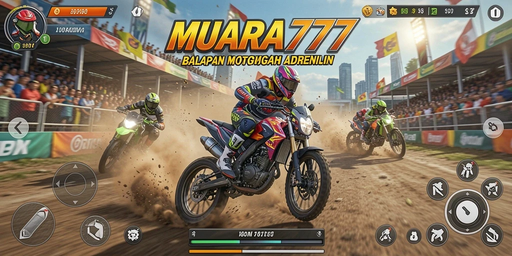 Screenshot gameplay MUARA777 menunjukkan aksi balapan motor yang mendebarkan.