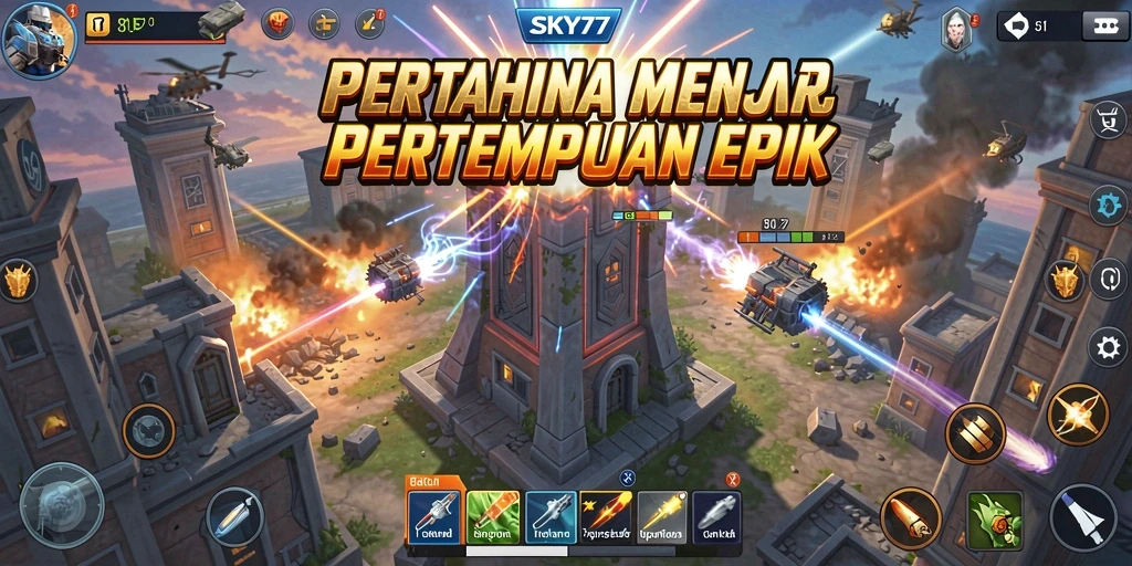 Screenshot utama dari SKY77 menampilkan aksi menegangkan dalam pertahanan menara.